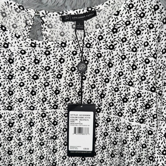 Adrianna Papell Black White Floral Double‎ Bell Cuff Sleeve Top NWT - Picture 3 of 3